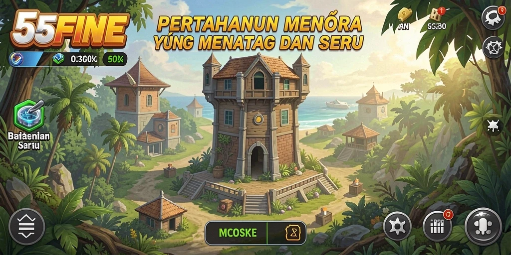 Tangkapan layar 55FIVE menampilkan aksi menara dalam pertahanan yang intens.