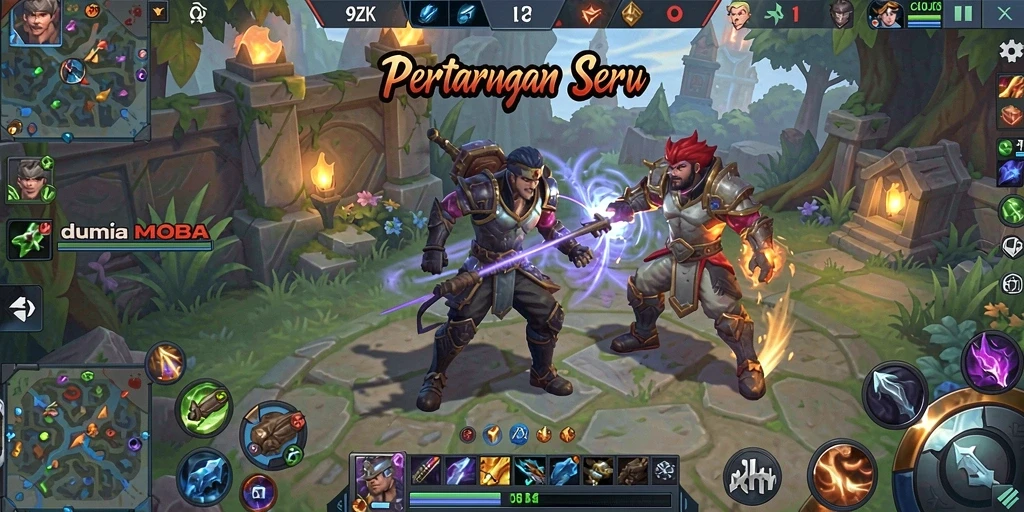 Tangkapan layar gameplay seru dari 9ZK yang menunjukkan pertempuran MOBA intens.