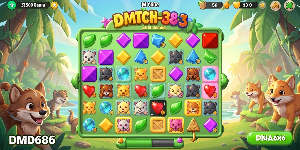 Tampilan gameplay DMD686 yang penuh warna dalam Match-3.