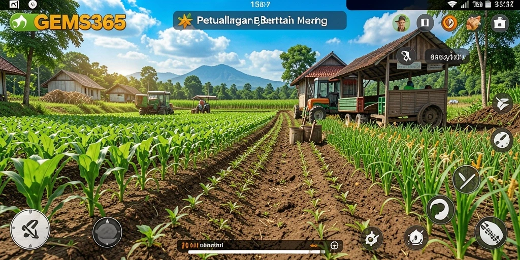 Screenshot gameplay GEMS365 menunjukkan aktivitas bertani yang seru dan interaktif.