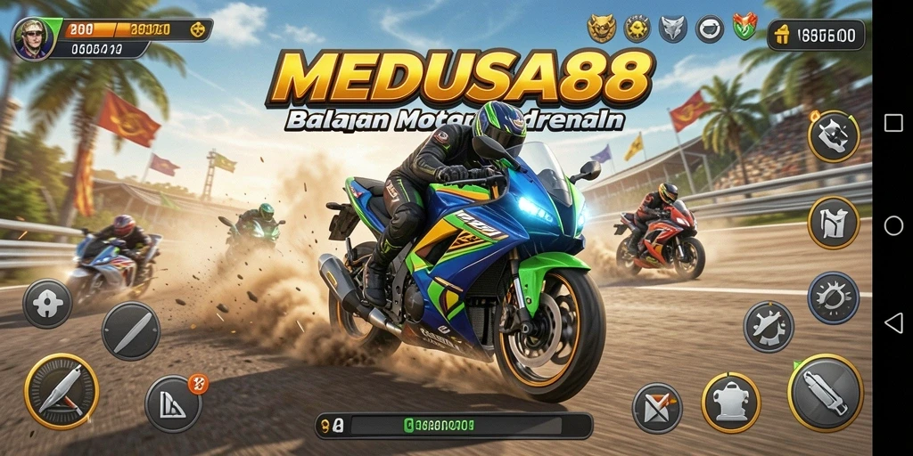 Tampilan gameplay seru dalam MEDUSA88 saat beradu balapan motor.