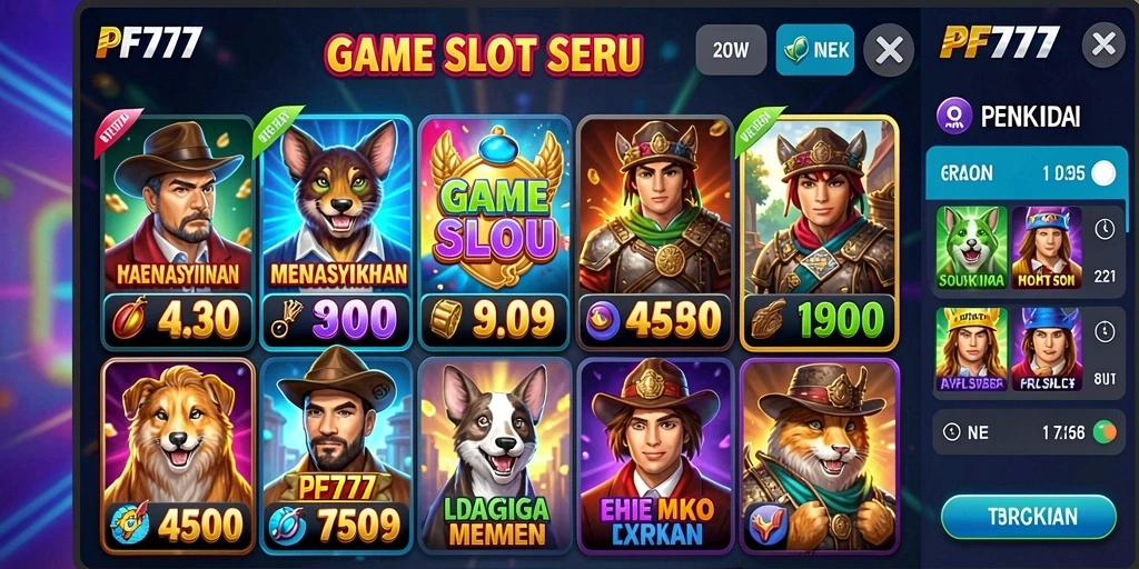 Screenshot utama PF777 menunjukkan gameplay Slot yang mengasyikkan dan penuh warna.