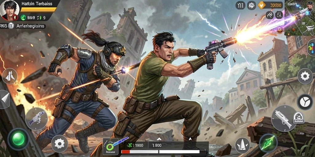 Screenshot gameplay RK55 menunjukkan aksi pertempuran yang intens dan memukau.