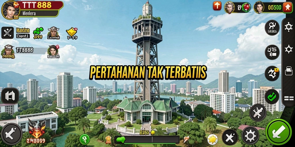 Screenshot utama TTT888 menunjukkan aksi intens permainan Tower Defense.