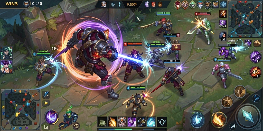 Tangkapan layar WIN33 menunjukkan pertarungan heroik di arena MOBA.