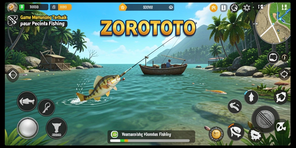 Tampilan gameplay ZOROTOTO yang menarik saat memancing di lokasi yang indah.